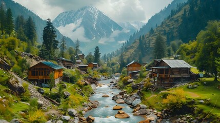 Wall Mural - Enchanting Mountain Village Nestled in Lush Valley with Flowing River and Majestic Peaks