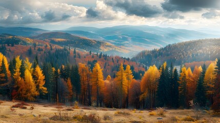 Canvas Print - Panoramic Autumn Mountain Landscape with Vibrant Fall Foliage and Natural Serenity