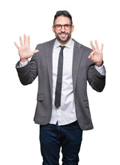 Canvas Print - Young handsome business man over isolated background showing and pointing up with fingers number eight while smiling confident and happy.