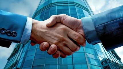 Close-up of two businessmen shaking hands in front of a modern glass office building, symbolizing successful business partnership and agreement.