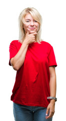 Wall Mural - Young beautiful blonde woman wearing red t-shirt over isolated background looking confident at the camera with smile with crossed arms and hand raised on chin. Thinking positive.