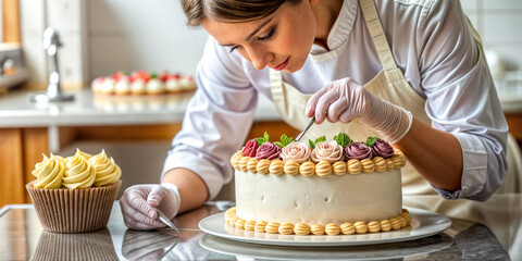 woman decorating a cake