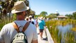 © Pinklife - A man wearing a hat and backpack walks on a boardwalk trail through a scenic area with a group of tourists, featuring lush greenery and a clear sky in the background.