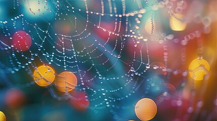 Macro shot of water drops on a spider web, with an abstract bokeh background.
