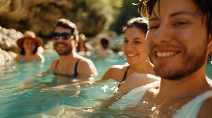 A group of cheerful friends enjoying a sunny day by relaxing in natural hot springs surrounded by lush greenery, smiling and soaking in the warm waters.