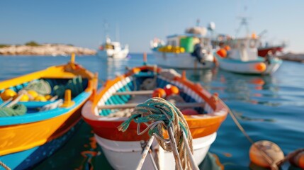 A close-up view of colorful boats tied at the harbor, with larger fishing vessels in the background on a calm, clear water body, evoking a sense of livelihood and tradition.