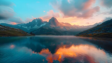 Poster - Tranquil Mountain Lake Reflecting Colorful Sunset Skies and Peaks