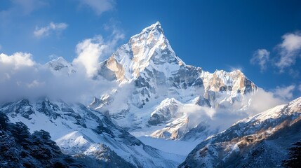 Poster - Majestic Snow Capped Mountain Peak Reaching Towards Clear Blue Skies