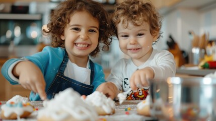 Two young children are seen happily decorating cupcakes in a cozy kitchen setting, covered in icing and sprinkles, showcasing their creativity and love for baking.