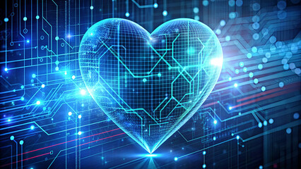 Poster - A digital heart made of blue circuits is shown on a background of blue circuit boards
