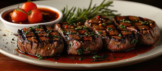 Wall Mural - Grilled Steak with Rosemary and Cherry Tomatoes