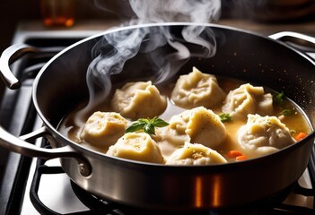 Wall Mural - steaming chicken dumplings cooking pot homemade comfort food preparation, stove, boiling, meal, delicious, traditional, recipe, dinner, kitchen, simmering