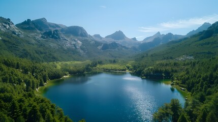 Wall Mural - Stunning Mountain Lake Surrounded by Lush Forest and Rugged Peaks in Serene Wilderness Landscape