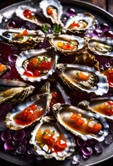 Wall Mural - shimmering oysters half shell mignonette, glistening, seafood, appetizer, fresh, delicacy, briny, culinary, presentation, elegant, luxurious, gourmet, food