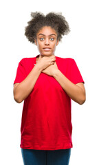 Canvas Print - Young afro american woman over isolated background shouting and suffocate because painful strangle. Health problem. Asphyxiate and suicide concept.