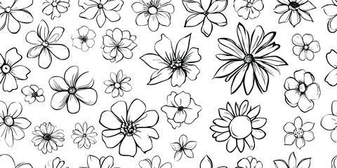 Poster - Painted flowers isolated on white background, seamless pattern, vector design