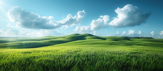 Wall Mural - Rolling Hills and Green Fields under a Sunny Sky