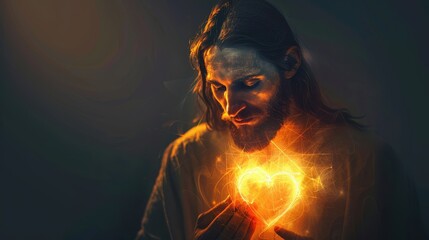 Wall Mural - Jesus with Heart Made of Light Biblical Illustration Glowing Against Dark Background Love and Warmth Beige Background copyspace