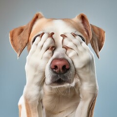 Adorable dog with paws covering its eyes