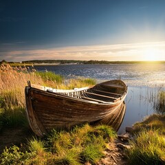 Beautiful landscape with an abandoned old wooden row boat on the shore