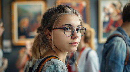 Wall Mural - Focused young woman wearing glasses, studying an artwork in an exhibition, with people viewing paintings in the background, Museum Day concept