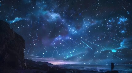 A breathtaking view of a starry night sky with shooting stars, perfect for dreamy and imaginative designs. 
