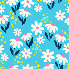 Wall Mural - PrintCute hand drawn pastel daisy flower seamless pattern background design for spring season.