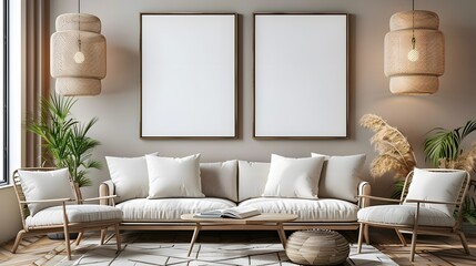 Picture of a minimalist living room with a blank white frame on the wall, featuring soft pastel walls, light wooden furniture, and tasteful home decor accents. Perfect for web banner.