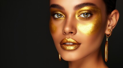 A woman with gold face paint and gold earrings. She has a gold lip color