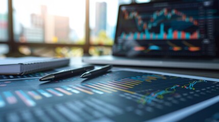 Poster - A financial report with stock market graphs and charts spread out on an office desk.