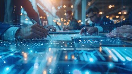 Poster - A group of engineers works together in a bright office space, using technology to analyze data and progress on a project