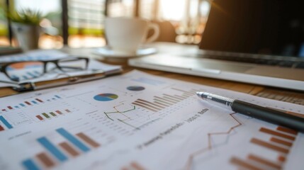 Fototapete - A financial report with stock market graphs and charts spread out on an office desk.