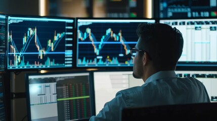 Wall Mural - A financial analyst working on a computer with multiple screens displaying stock market graphs.