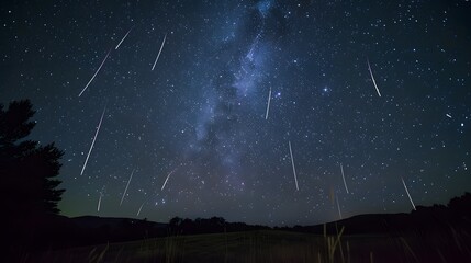 A breathtaking view of a starry night sky with shooting stars, perfect for dreamy and imaginative designs. 