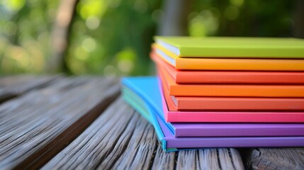 Sticker - Colorful Stack of Books on Wooden Table.