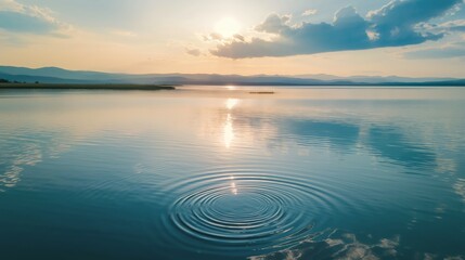 Tranquil lake at sunset with distant mountains and stone skipping waves, creating a peaceful and serene nature landscape scene.