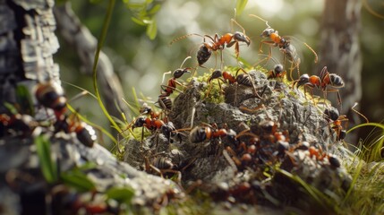 Poster - A group of ants working together to build an anthill in a natural setting.