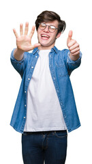 Sticker - Young handsome man wearing glasses over isolated background showing and pointing up with fingers number six while smiling confident and happy.