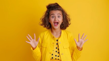 Wall Mural - A young girl with curly hair is wearing a yellow jacket and is making a surprised face. Concept of excitement and enthusiasm