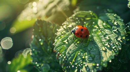 Poster - A ladybug crawling on a dewy green leaf in the morning sunlight.