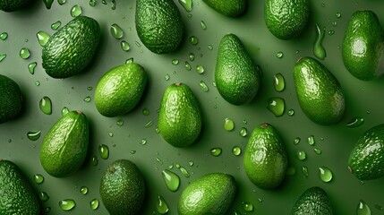 Wall Mural - Creative food concept. Fresh avocados avocado green adorned with glistening water droplets seamless. mock up. view. top. flat lay 