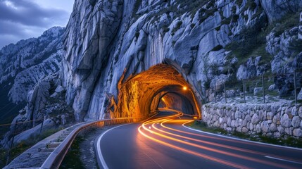 Aufkleber - A mountain road tunnel illuminated with lights, cutting through the heart of a rocky peak.