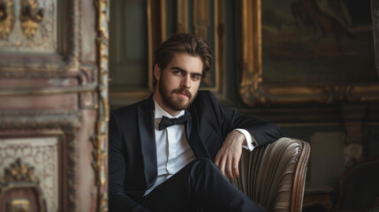 A young man in a classic black tuxedo sits relaxed in an ornate, vintage interior, exuding charm and sophistication with a thoughtful gaze.