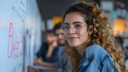 Poster - Young Woman with Curly Hair Smiling During Dynamic Brainstorming Session with Team on Digital Whiteboard