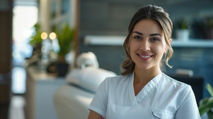 Poster - Smiling woman in white uniform standing in a modern well-lit room with plants and a sleek white chair in the background.