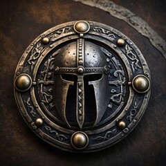 Sticker - Round emblem with aged metal details, with viking helmet, logo, amulet.