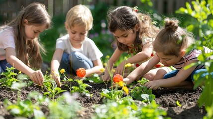 Children helping to plant flowers in a community garden