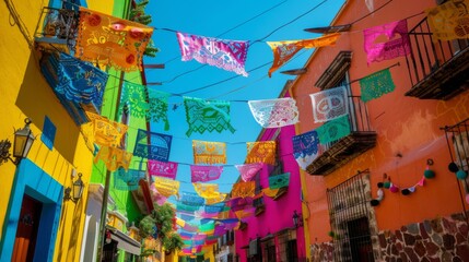 colorful mexican street with hanging colorful flags for fiesta party and blue sky. cinco de mayo. th