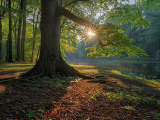 Poster - Sunlight Through Tree Branches in a Forest Near a Pond at Dawn