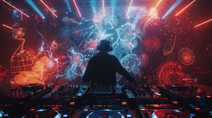 Aufkleber - A DJ performs under a large projection screen filled with glowing, colorful patterns. The DJ is silhouetted against the background, wearing headphones and mixing on a large mixer.
